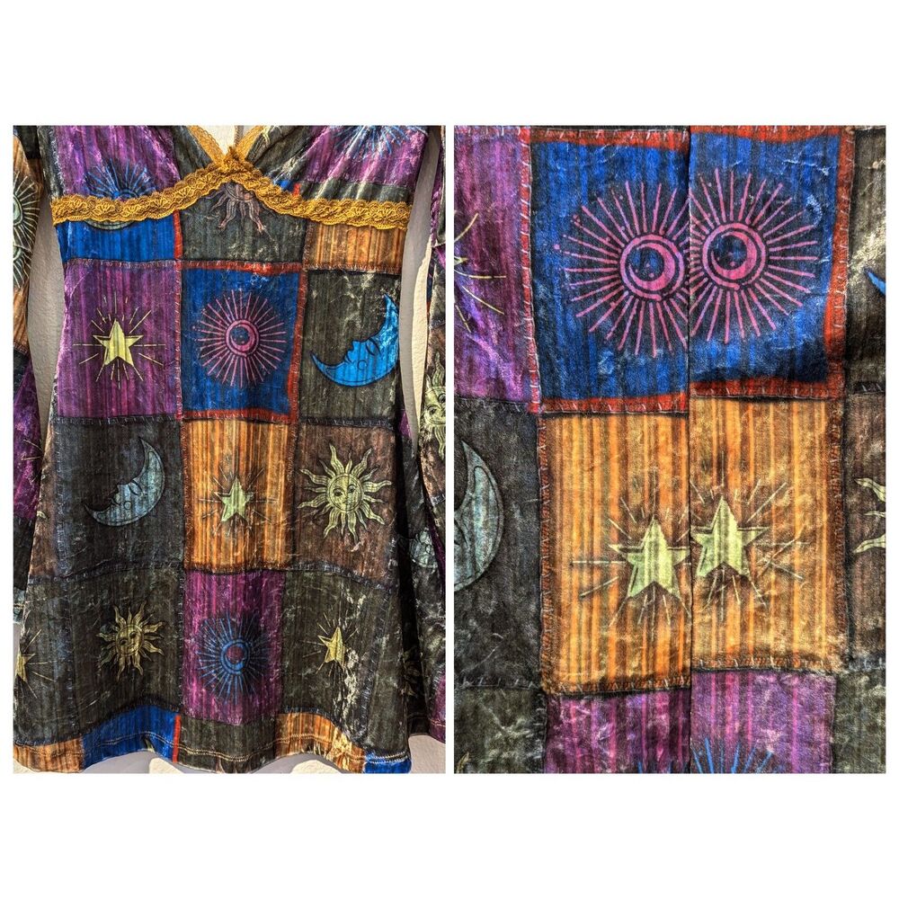 Shein - Grunge Sun & Moon Print Contrast Lace Flounce Sleeve Dress Sz XS - Picture 11 of 12